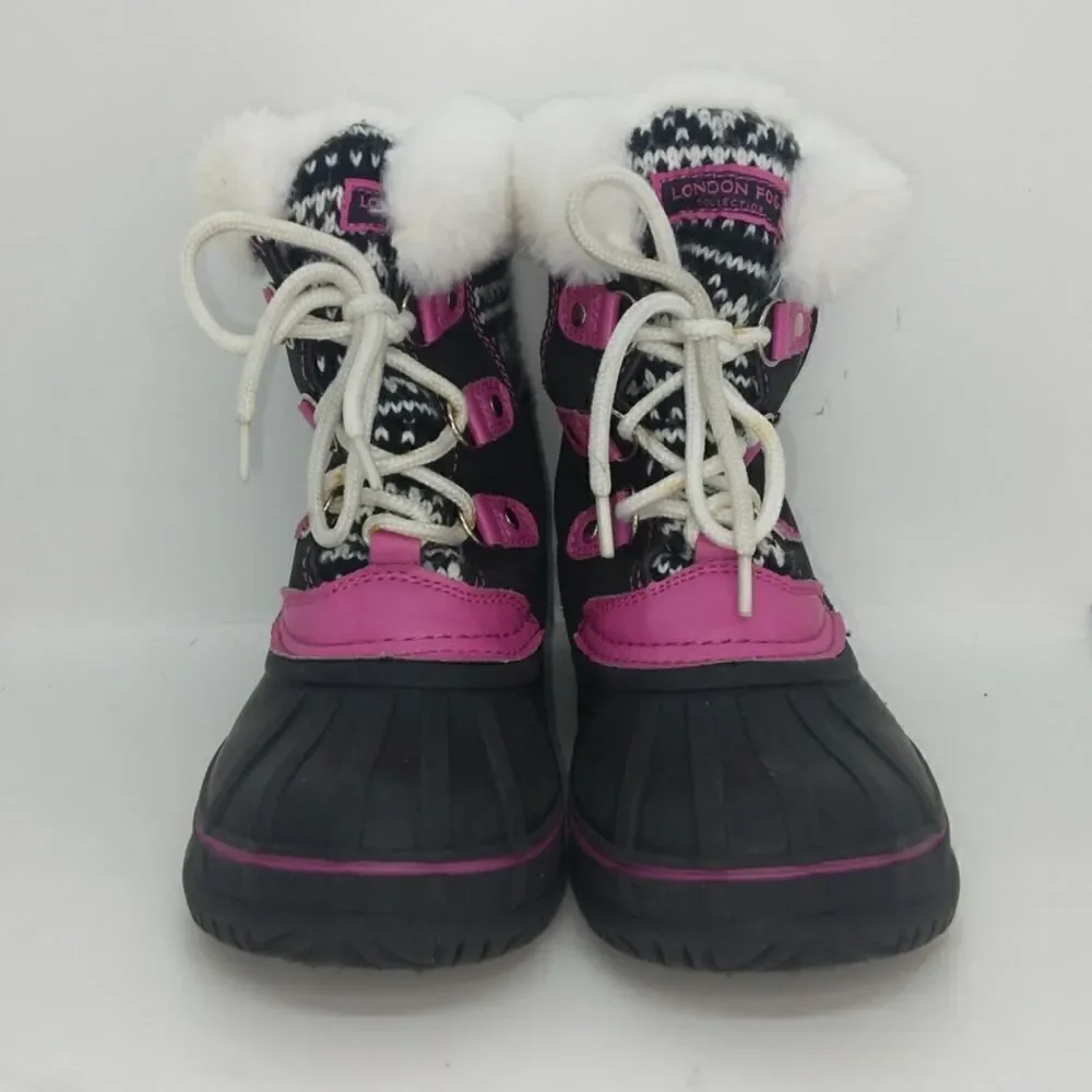 London Fog Girls Pre-owned Faux Fur Lined Black & Pink Winter Boots - sz. 1
